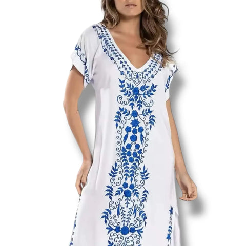 boho beach kaftan dress cover up white embroidery front