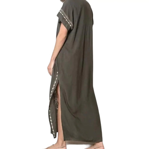 boho beach kaftan dress cover up moss green embroidery backside