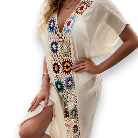 boho beige crochet colorful cover-up beach dress with multicolor floral panels