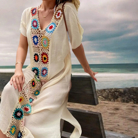 boho beige crochet colorful cover-up beach dress with multicolor floral panelsBeige Floral Crochet Maxi Kaftan Cover Up