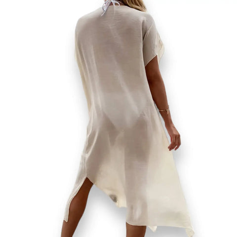 boho beige crochet colorful cover-up beach dress with multicolor floral panels