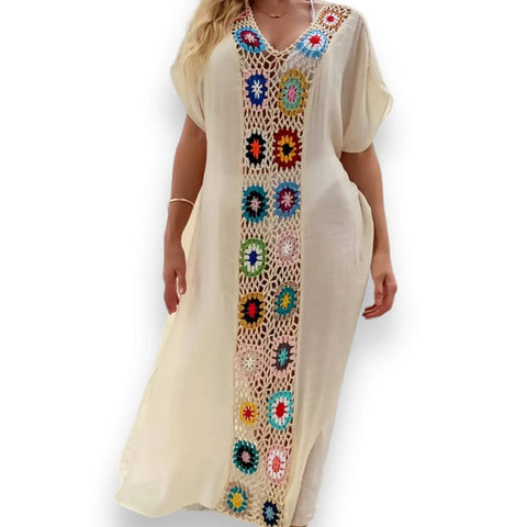 boho beige crochet colorful cover-up beach dress with multicolor floral panels