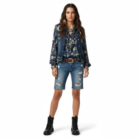 Blue floral and cream paisley A.N.A. blouse with frilled V-neckline, tassel ties and long sleeves