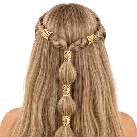 woman wearing Five boho gold starburst hair cuffs for braids, twists, faux locs, and dreadlocks