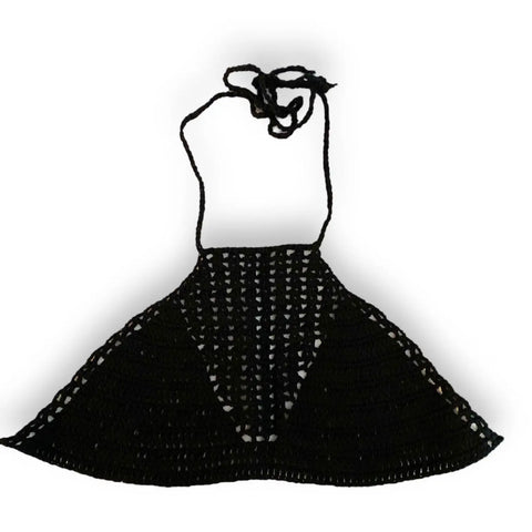 Boho Crochet Bikini Crop Top in black, featuring adjustable straps and a unique crochet design, perfect for summer style.