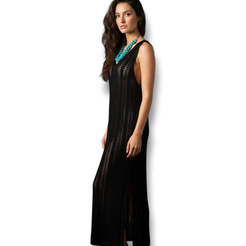 Boho Crochet Long Beach Dress in black or tan with V-neckline, semi-sheer knit, and high side slits