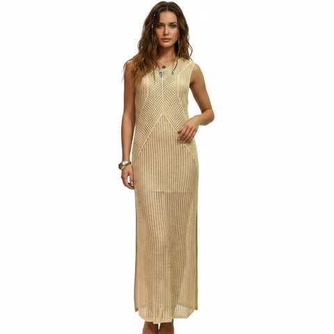 Boho Crochet Long Beach Dress in black or tan with V-neckline, semi-sheer knit, and high side slits front view