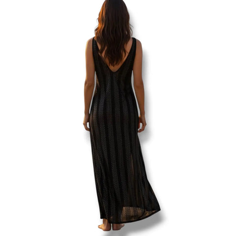 Boho Crochet Long Beach Dress in black or tan with V-neckline, semi-sheer knit, and high side slits back view