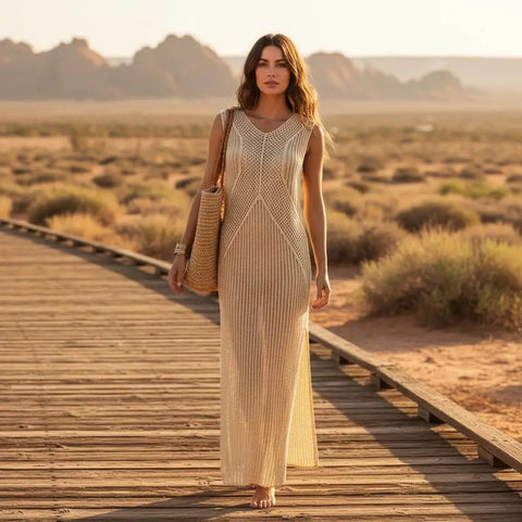 Boho Crochet Long Beach Dress in black or tan with V-neckline, semi-sheer knit, and high side slits