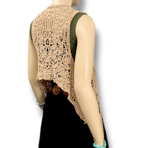 Boho Draped Cardigan Crochet Vest Tan Open Front Open Stitch backside