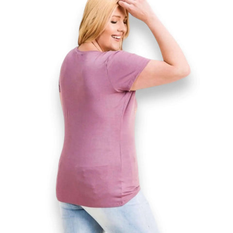 Boho Follow Your Dreams Plus Size Graphic Tee dusty mauve rose with gold lettering and three feather graphic round neck short sleeve soft stretch rayon 2X 3X