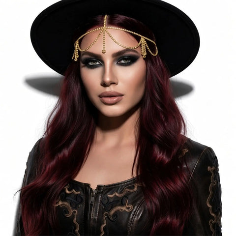 Boho Head Chain Headband Jewelry with rhinestones and tassel fringe gold festival