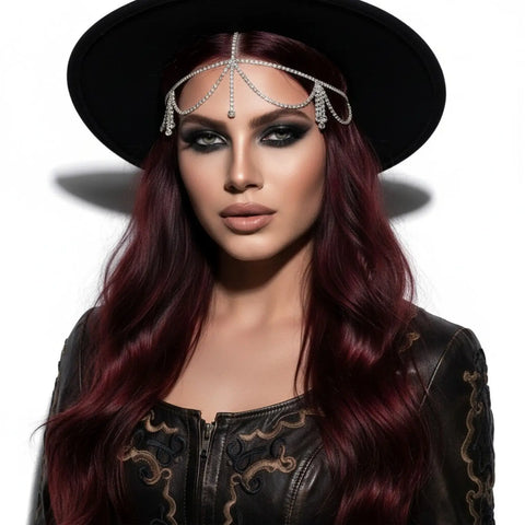 Boho Head Chain Headband Jewelry with rhinestones and tassel fringe silver festival