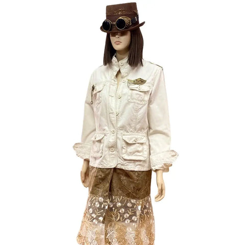 Women’s Ivory Bold Brown Stitched Button Down Multi Pockets Jacket Lace Tiered Festival Duster Jacket -Size XL - Wild Time Fashion