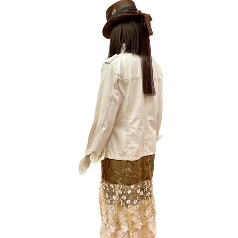 Women’s Ivory Bold Brown Stitched Button Down Multi Pockets Jacket Lace Tiered Festival Duster Jacket -Size XL