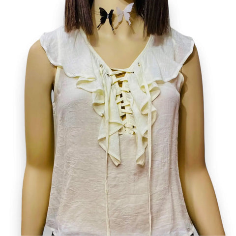 Boho Ivory Ruffle Lace Up Cami Top ruffle overlay neckline lightweight breathable women's size small 