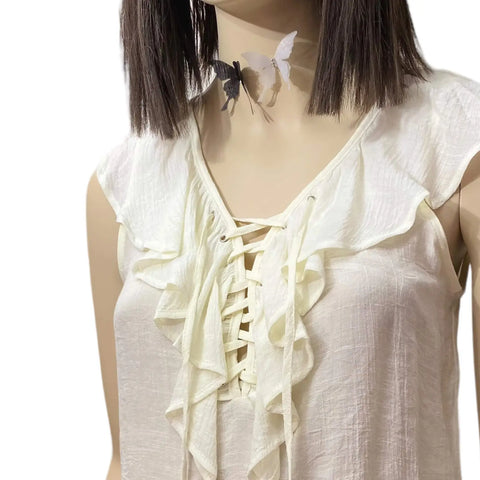 Boho Ivory Ruffle Lace Up Cami Top ruffle overlay neckline lightweight breathable women's size small 
