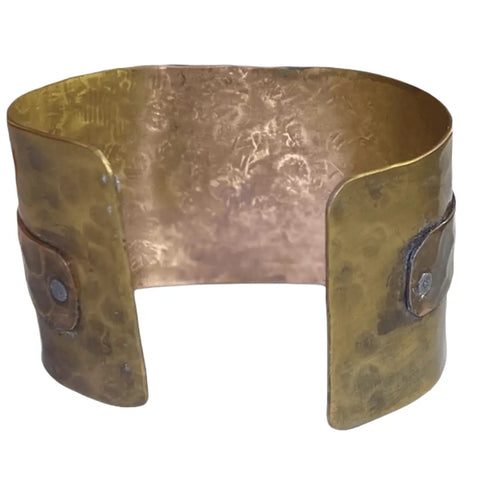 Boho Jasper Mixed Metal Cuff with oval unakite stone, sterling bezel, and matte copper wide cuff design