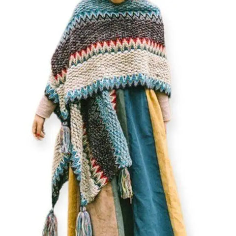 Boho multicolor knit tassel poncho shawl with open front drape and colorful loom-knit crochet detailing, one size medium to 2X, handmade in the USA