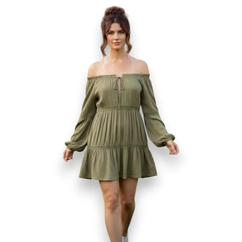 Boho Olive Green Tiered Off-Shoulder Shift Mini Dress with crochet panels, tassel tie, and long peasant sleeves model/small