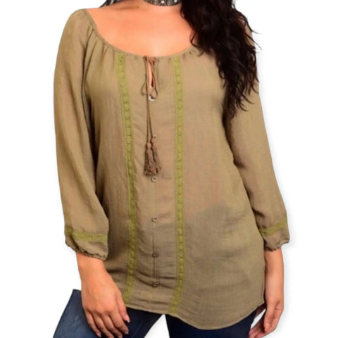 Boho olive green tunic top with embroidered panels, tassel tie keyhole, and elastic 3/4 sleeves, plus-size fit.