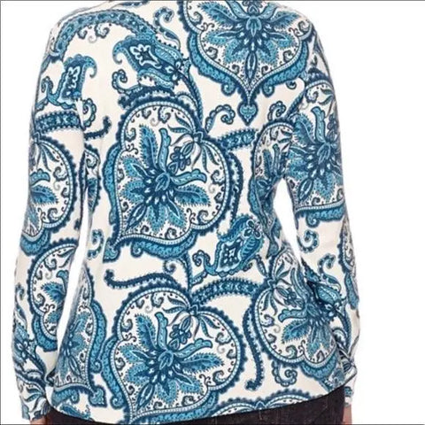 Boho Paisley Blue V Neck Long Sleeve Top - Wild Time Fashion