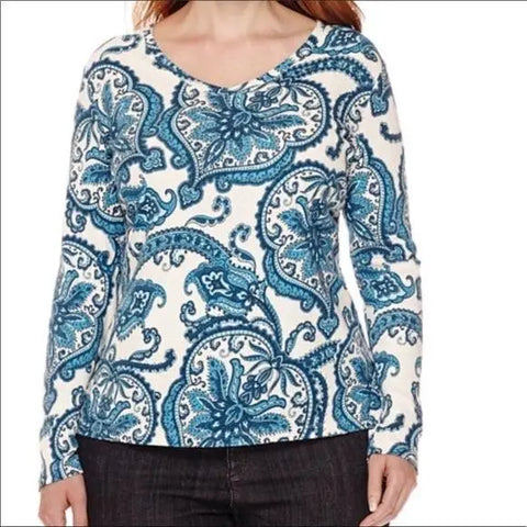 Boho Paisley Blue V Neck Long Sleeve Top - Wild Time Fashion