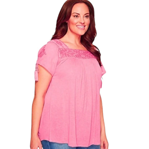Boho Pink Embroidered Short Sleeve Tunic  square neckline tassel tie sleeve relax fit Lucky Brand Plus Size 2X 