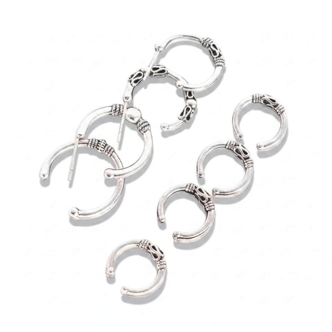 Ornate Silver Hoop & Ear Cuff Earring Set 8 pcs - One Size / Female / Adults - Women’s Earrings