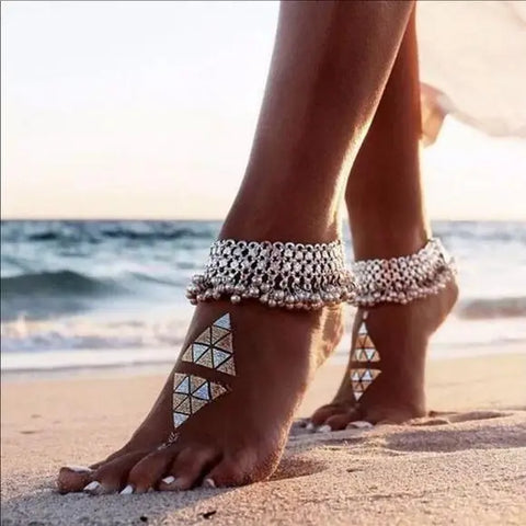 Silver wide tassel anklet bracelet with dangling mini bells and boho link band—perfect for festivals, belly dancing, beach vibes, or tribal-inspired looks.