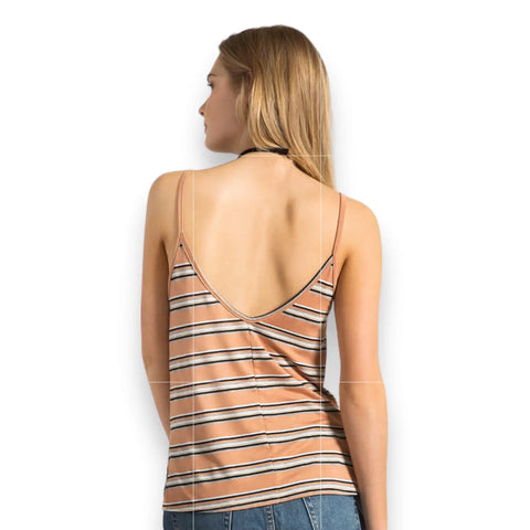 boho striped v neck tank top in tan with gold white silver and black stripes