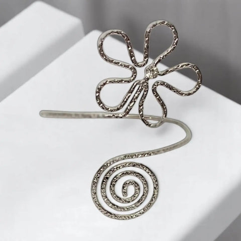 Boho Textured Statement Upper Arm Cuff  Oversized Silver textured spiral flower power with rhinestone upper armband bracelet 