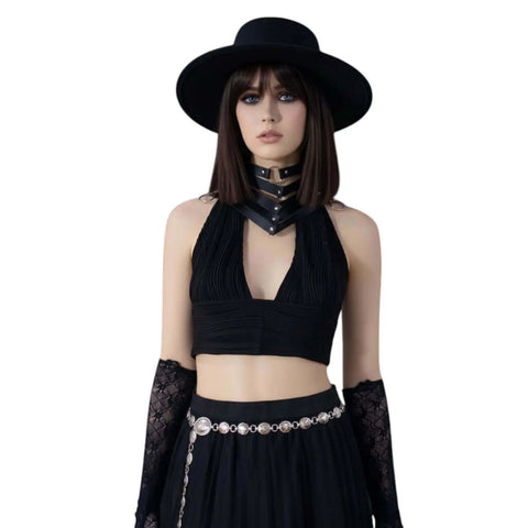 Boho Textured V Neck Crop Halter Top whimisgoth woman wearing black outfit