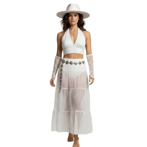 Boho Textured V Neck Crop Halter Top woman wearing white outfit 