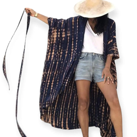 Boho tie dye cotton long kimono cover up with sash tie waist, orange and blue colorway, festival outfit layer