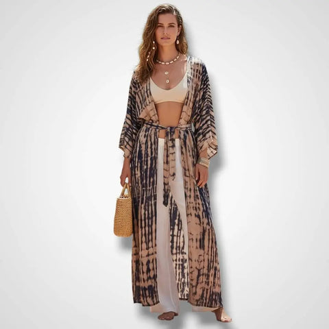 Boho Tie Dye Cotton Long Kimono Cover Up - Tie Dye Kimono Robe / One size / Tan/Black - Swimsuit Cover Ups