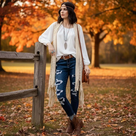 Boho Western Crochet Fringe Cardigan Vest sleeveless open front crochet layer in ivory burgundy red or dark gray