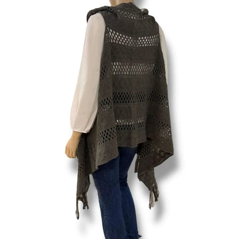 Boho Western Crochet Fringe Cardigan Vest sleeveless open front crochet layer in beige burgundy red or dark gray