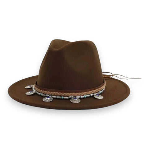 Boho Western Fedora Hat in XL with tall crown, wide brim, and braided concho band for festival style dark brown