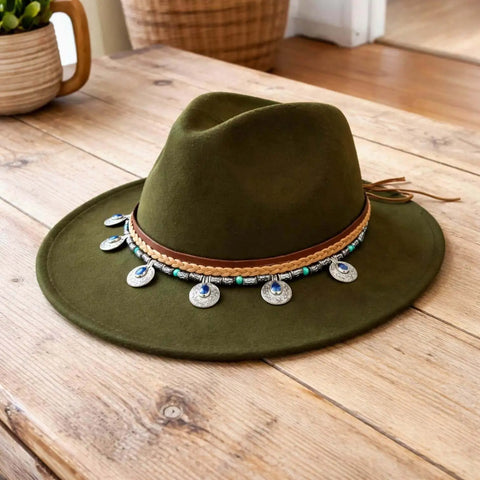Boho Western Fedora Hat in XL with tall crown, wide brim, and braided concho band for festival style olive green