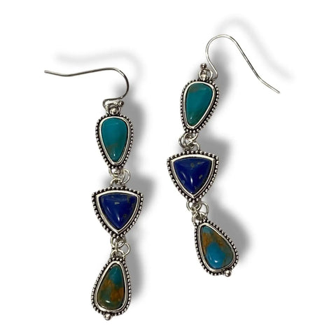 Boho western multi stone dangle earrings with turquoise and lapis style stones in braided silver settings.