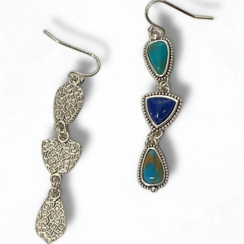 Boho western multi stone dangle earrings with turquoise and lapis style stones in braided silver settings.
