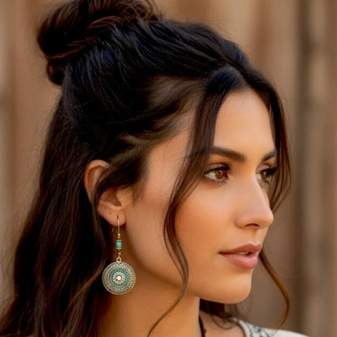 Boho western turquoise dangle earrings in three unique styles with silver-tone medallions, filigree crescent moon, or dome turquoise drop on hooks