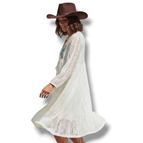 Women's Boho-Western White Lace Beach Tunic Dress with embroidered neckline and lantern sleeves / Open Size