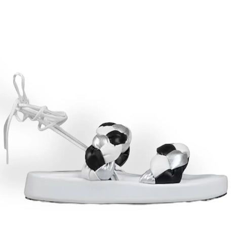 women's open toe double braided white, black, and silver straps adjustable ankle leg wrap sandals sideview