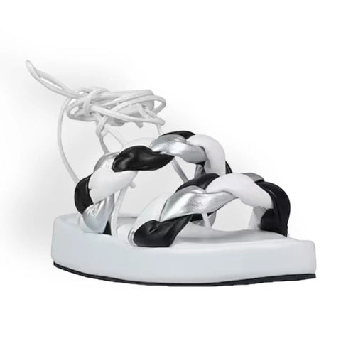 women's open toe double braided white, black, and silver straps adjustable ankle leg wrap sandals