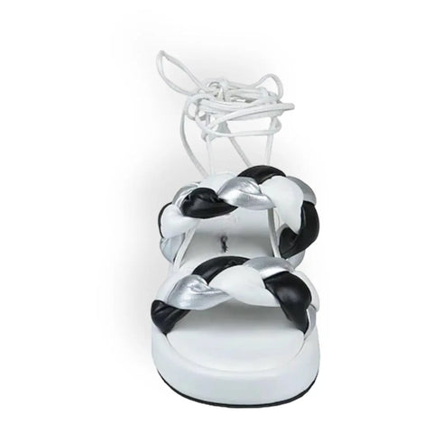 women's open toe double braided white, black, and silver straps adjustable ankle leg wrap sandals front view