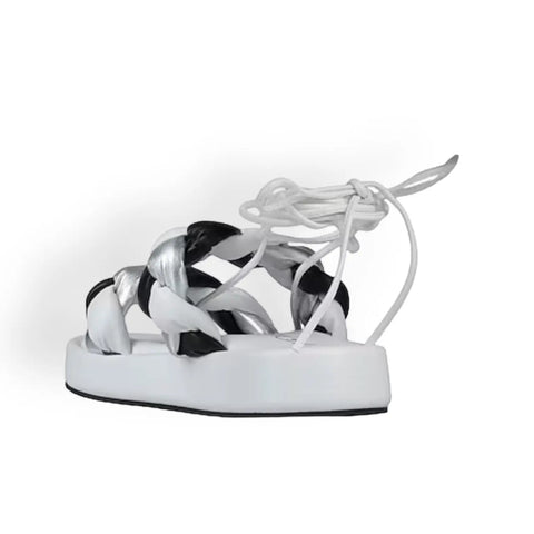 women's open toe double braided white, black, and silver straps adjustable ankle leg wrap sandals backview