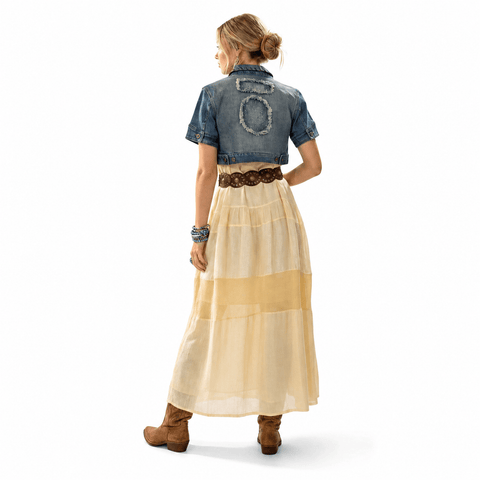 woman wearing short sleeve crop jean jacket back denim distressed fringe and rhinestone Fairy artwork