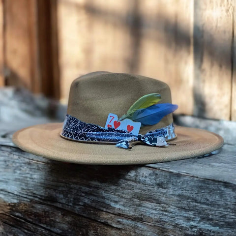 Brown Burnt Gambler Fedora Hat with teardrop crown, bandana wrap, feathers, rope, and boho western trim